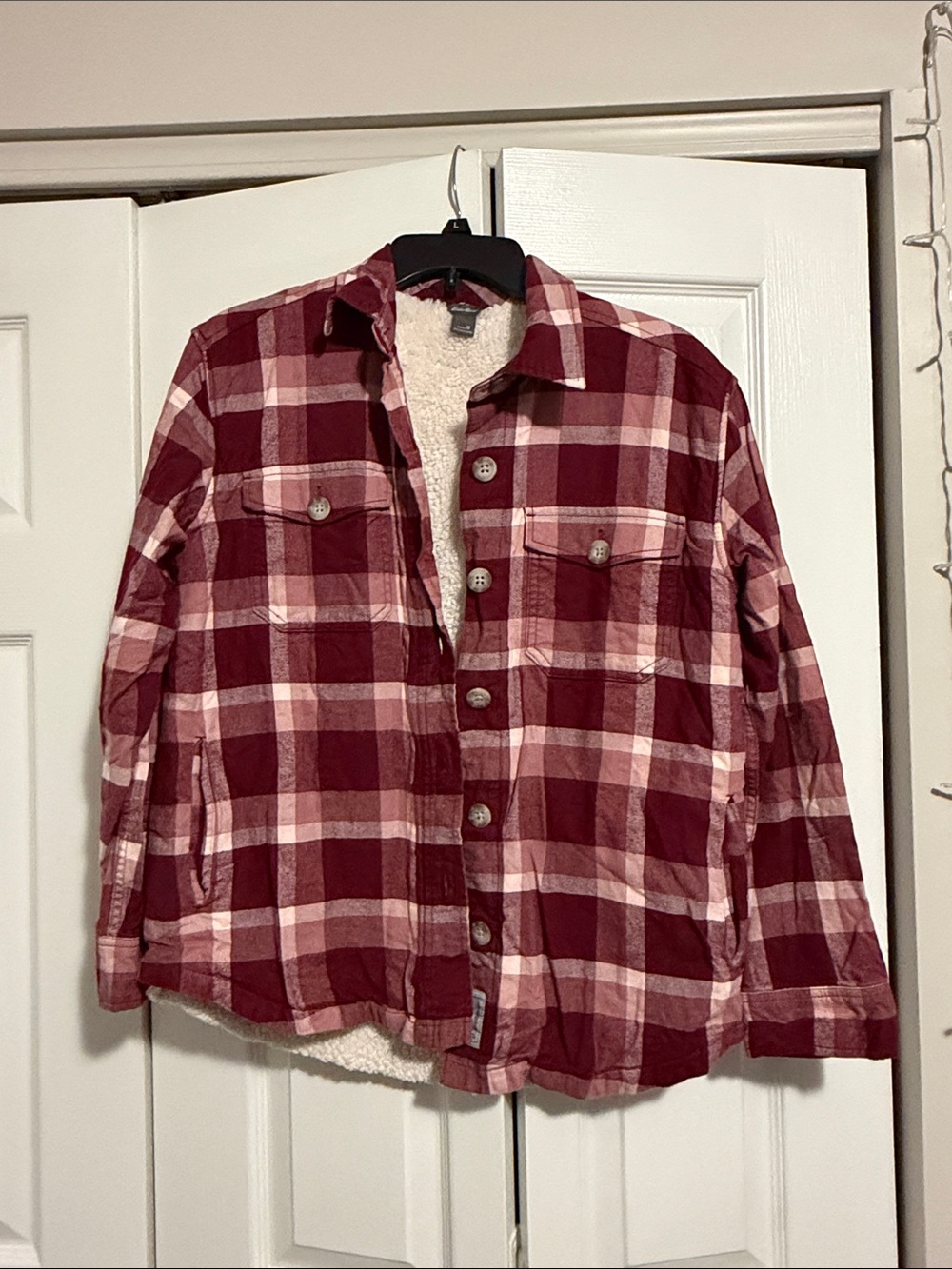 Eddie Bauer Plaid Sherpa-Lined Jacket - Burgundy and Cream